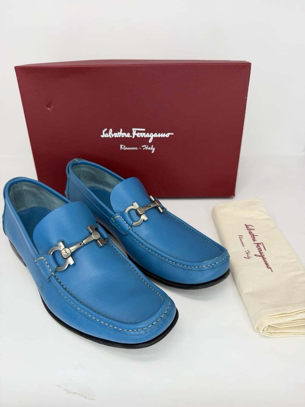 Salvatore Ferragamo Gancini Blue Leather Loafers Men's 8.5 D Made in Italy